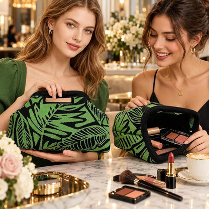 Women’s Green Leaf Knitted Large Capacity Makeup Bag