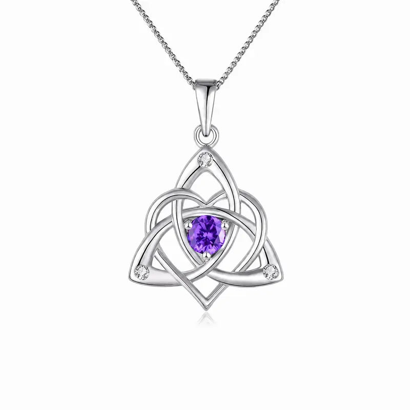 Celtic Birthstone Necklace for Women, Silver Plated Copper Triquetra Celtic Knot Heart Pendant with 12 Birthstone Options