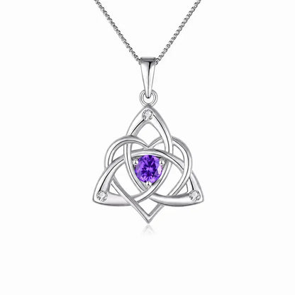 Celtic Birthstone Necklace for Women, Silver Plated Copper Triquetra Celtic Knot Heart Pendant with 12 Birthstone Options