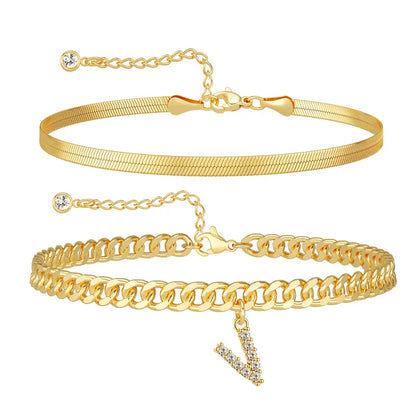 Women 14K Gold Plated Ankle Bracelet with Letter Pendant