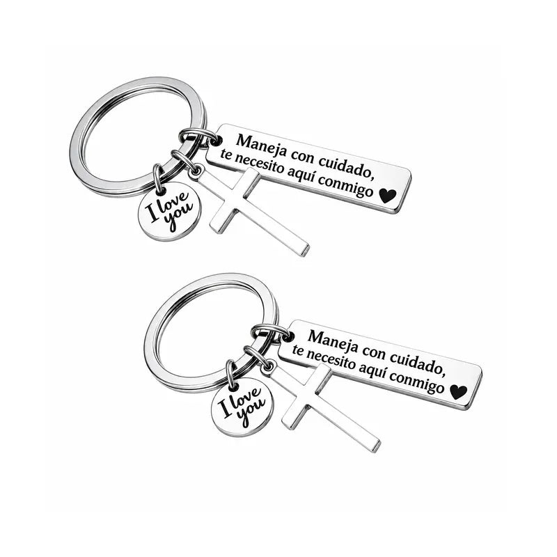 “Maneja Con Cuidado” Drive Safe Keychain with Cross & Love Charm