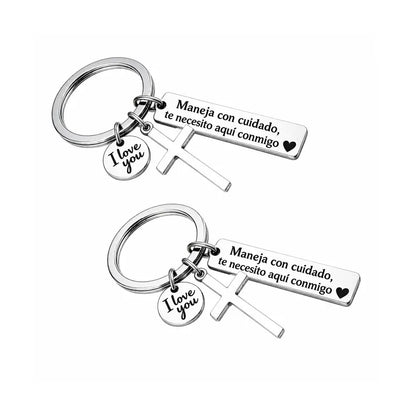 “Maneja Con Cuidado” Drive Safe Keychain with Cross & Love Charm