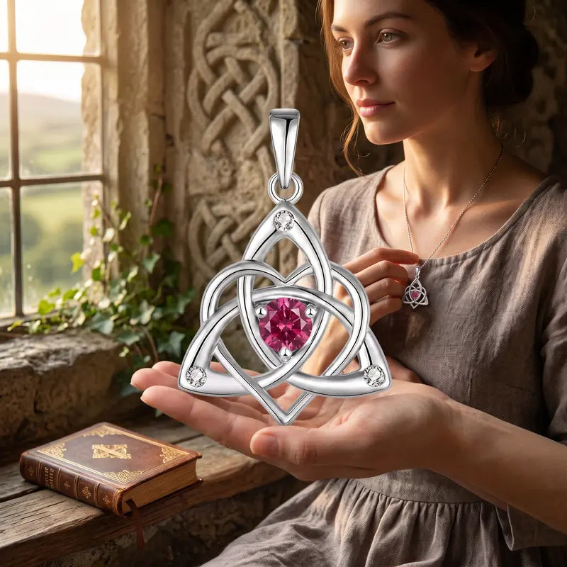 Celtic Birthstone Necklace for Women, Silver Plated Copper Triquetra Celtic Knot Heart Pendant with 12 Birthstone Options
