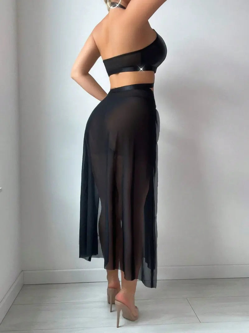 Slim Intimates Black Rhinestone Halter Sheer Lingerie Set