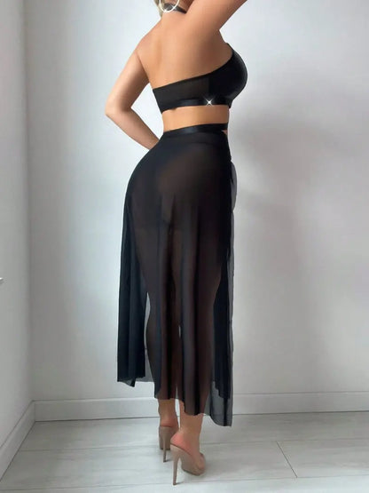Slim Intimates Black Rhinestone Halter Sheer Lingerie Set