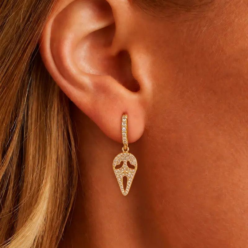 14k Gold Plated Skull Huggie Hoop Earrings, Halloween Party Fashion Costume Jewelry