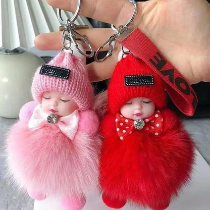 2-Pack Cute Fluffy Plush Sleepy Doll Keychain For Women | Kawaii Bag Car Key Ring Pendant Trinket Gift