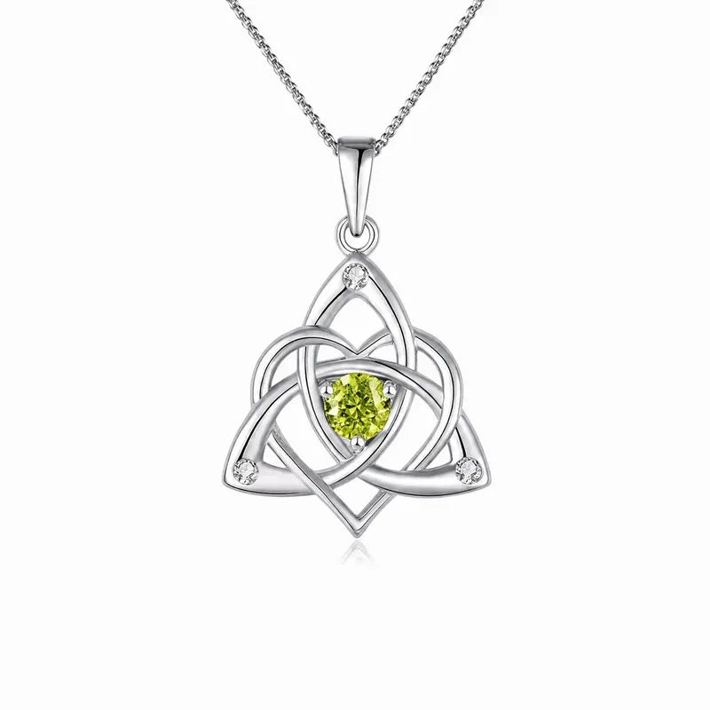 Celtic Birthstone Necklace for Women, Silver Plated Copper Triquetra Celtic Knot Heart Pendant with 12 Birthstone Options
