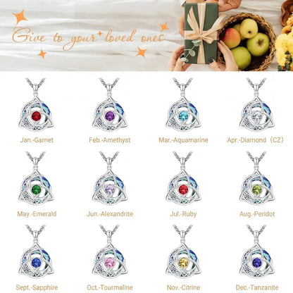 Celtic Birthstone Necklace – Trinity Knot Crescent Moon Pendant for Women