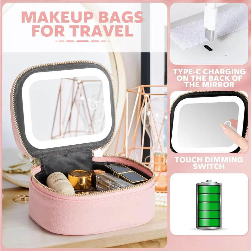 Leopard Print LED Makeup Bag with Mirror – Portable Cosmetic Organizer