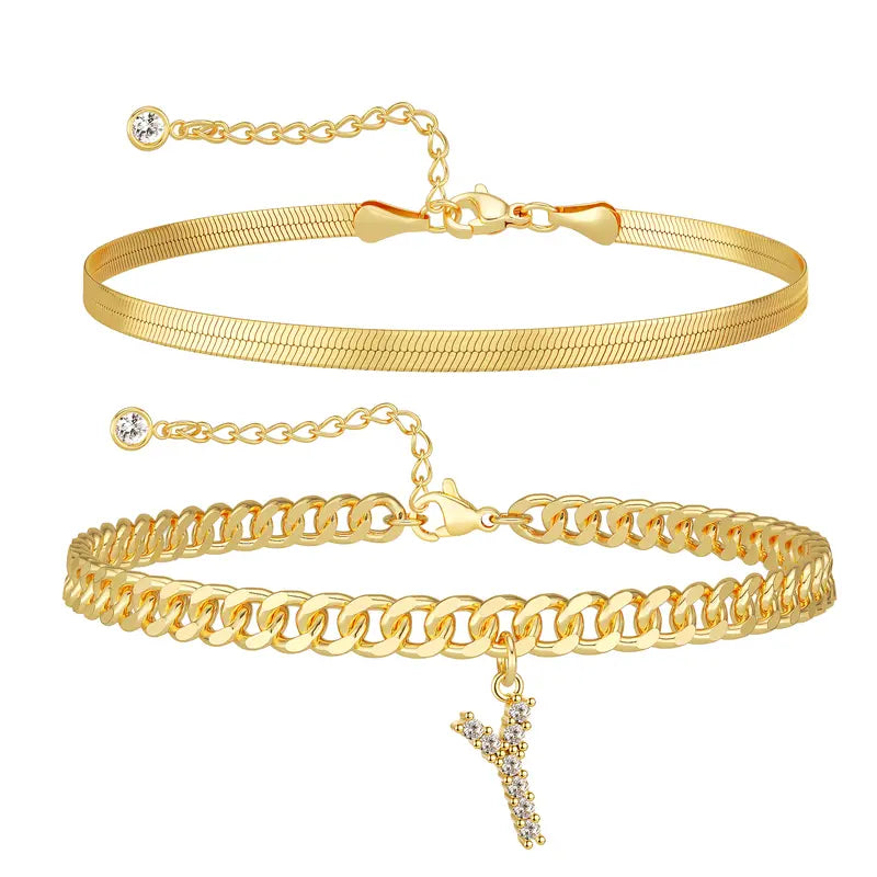 Women 14K Gold Plated Ankle Bracelet with Letter Pendant