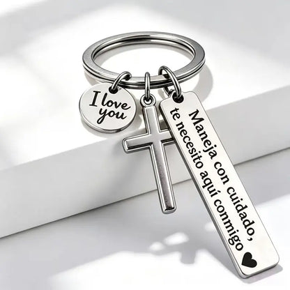 “Maneja Con Cuidado” Drive Safe Keychain with Cross & Love Charm