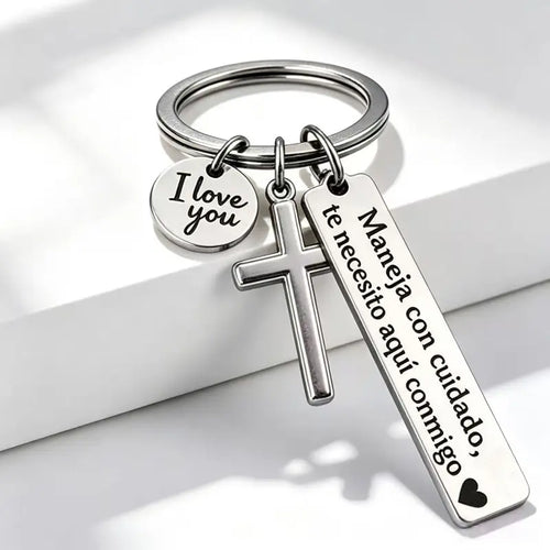 “Maneja Con Cuidado” Drive Safe Keychain with Cross & Love Charm