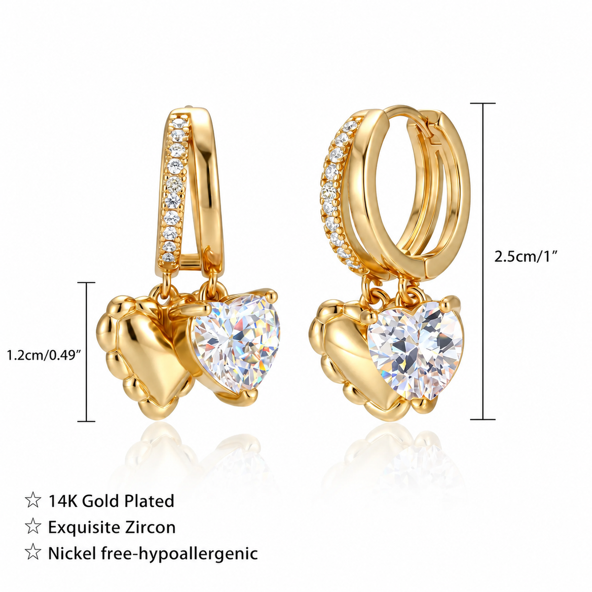 Women 14K Gold Plated Heart-Shaped Pendant Earrings