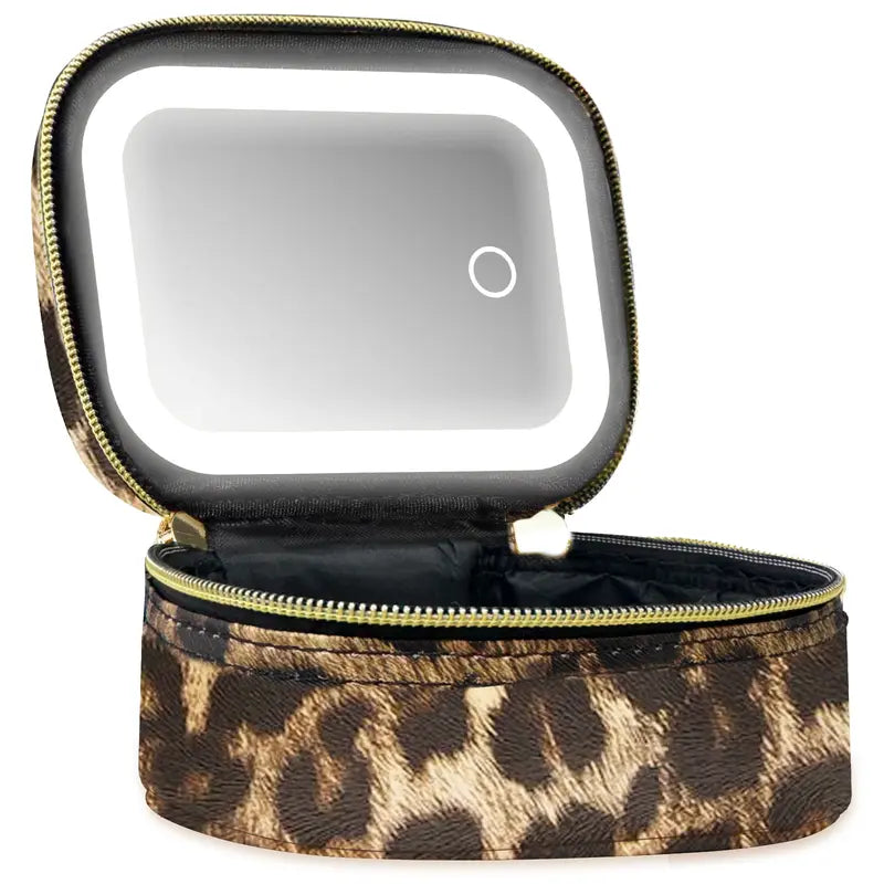 Leopard Print LED Makeup Bag with Mirror – Portable Cosmetic Organizer