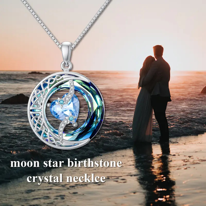 925 Sterling Silver Moon & Star Birthstone Necklace