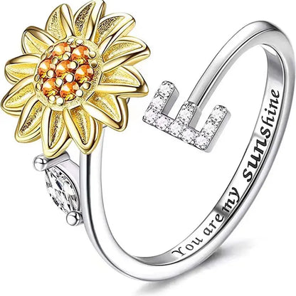 You Are My Sunshine Spinner Ring – Floral Gemstone A-Z Initial Ring