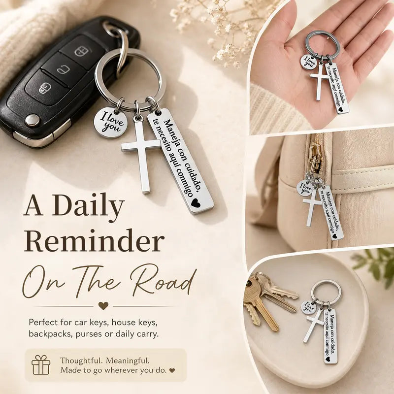 “Maneja Con Cuidado” Drive Safe Keychain with Cross & Love Charm