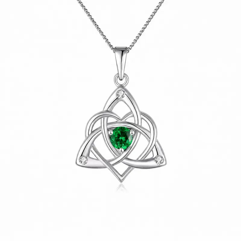 Celtic Birthstone Necklace for Women, Silver Plated Copper Triquetra Celtic Knot Heart Pendant with 12 Birthstone Options