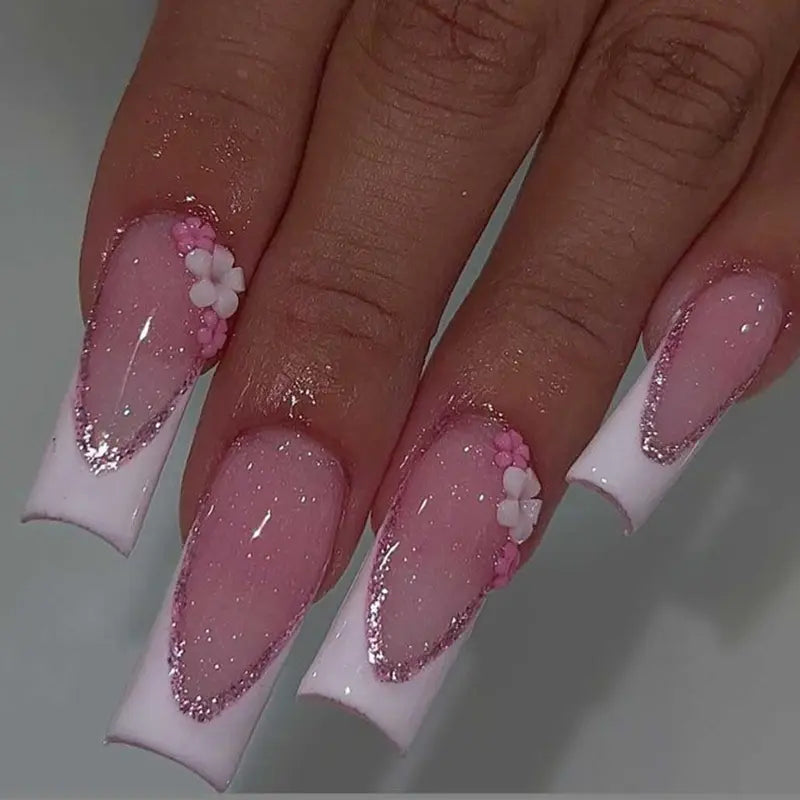 24pcs Press On Nails – 6 Styles French Tip Floral & Chrome