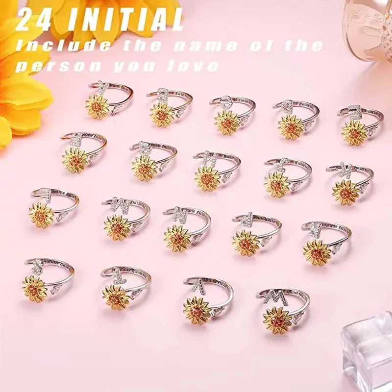 You Are My Sunshine Spinner Ring – Floral Gemstone A-Z Initial Ring