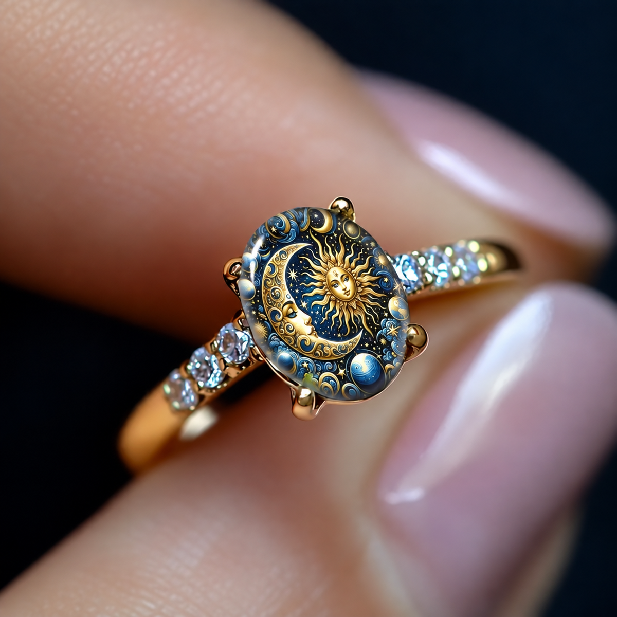 Copper Plain Sun & Moon Celestial Enamel Gold Fashion Ring
