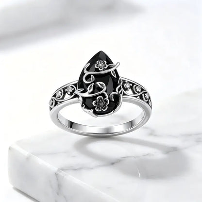Vintage Black Obsidian Floral Ring