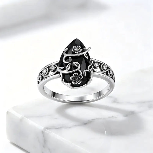 Vintage Black Obsidian Floral Ring