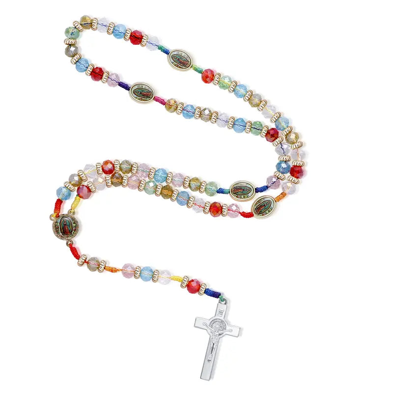 Handmade Rosary Necklace with Green Crystal Beads, Saint Jude & Virgin Mary Medals, Trendy Cross Pendant Jewelry for Men & Women, Trendy Necklace, Cross Necklace, Jewelry For Women, Religious Cross Necklaces