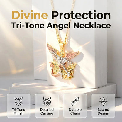Tri-Tone Angel Guardian Pendant Necklace – Elegant & symbolic