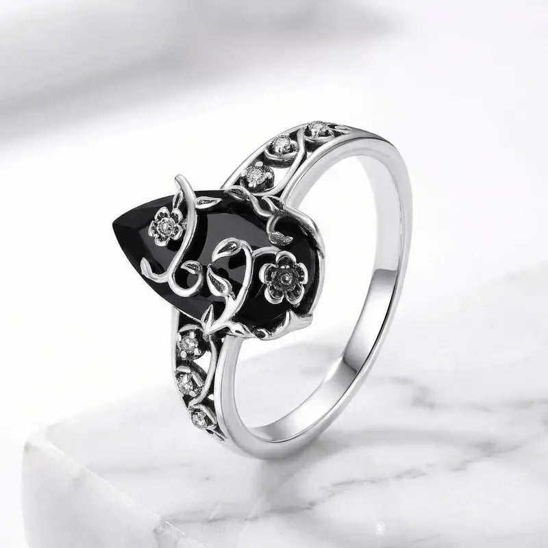 Vintage Black Obsidian Floral Ring