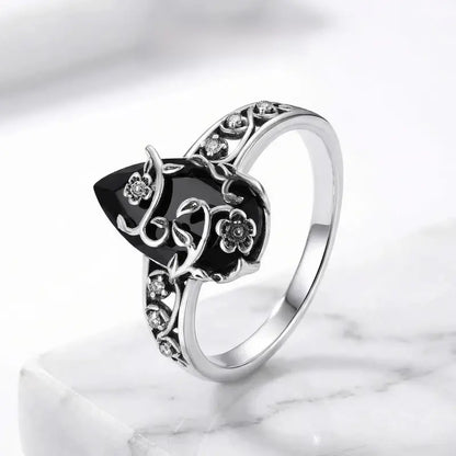 Vintage Black Obsidian Floral Ring