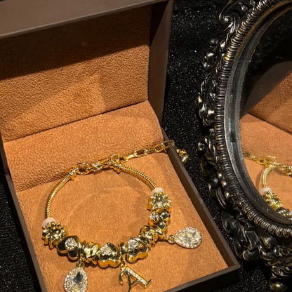Gold Initial Letter Charm Bracelet with Sun & Crystal Accents