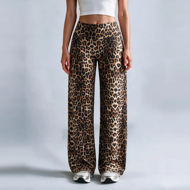 Light Simple Leopard-Print Wide-Leg Pants - Elastic Waistband