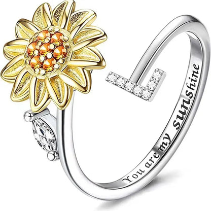 You Are My Sunshine Spinner Ring – Floral Gemstone A-Z Initial Ring
