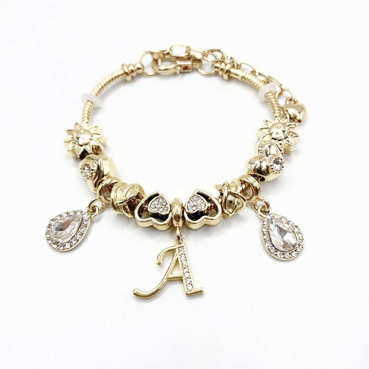 Gold Initial Letter Charm Bracelet with Sun & Crystal Accents