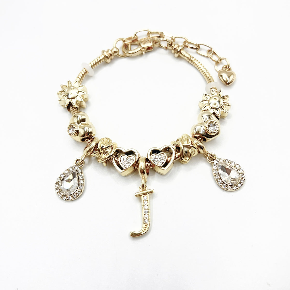 Gold Initial Letter Charm Bracelet with Sun & Crystal Accents