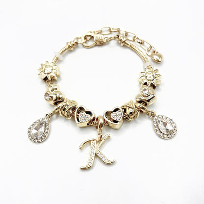 Gold Initial Letter Charm Bracelet with Sun & Crystal Accents