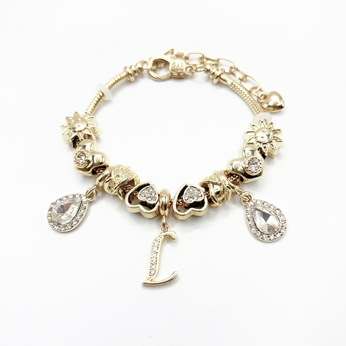 Gold Initial Letter Charm Bracelet with Sun & Crystal Accents