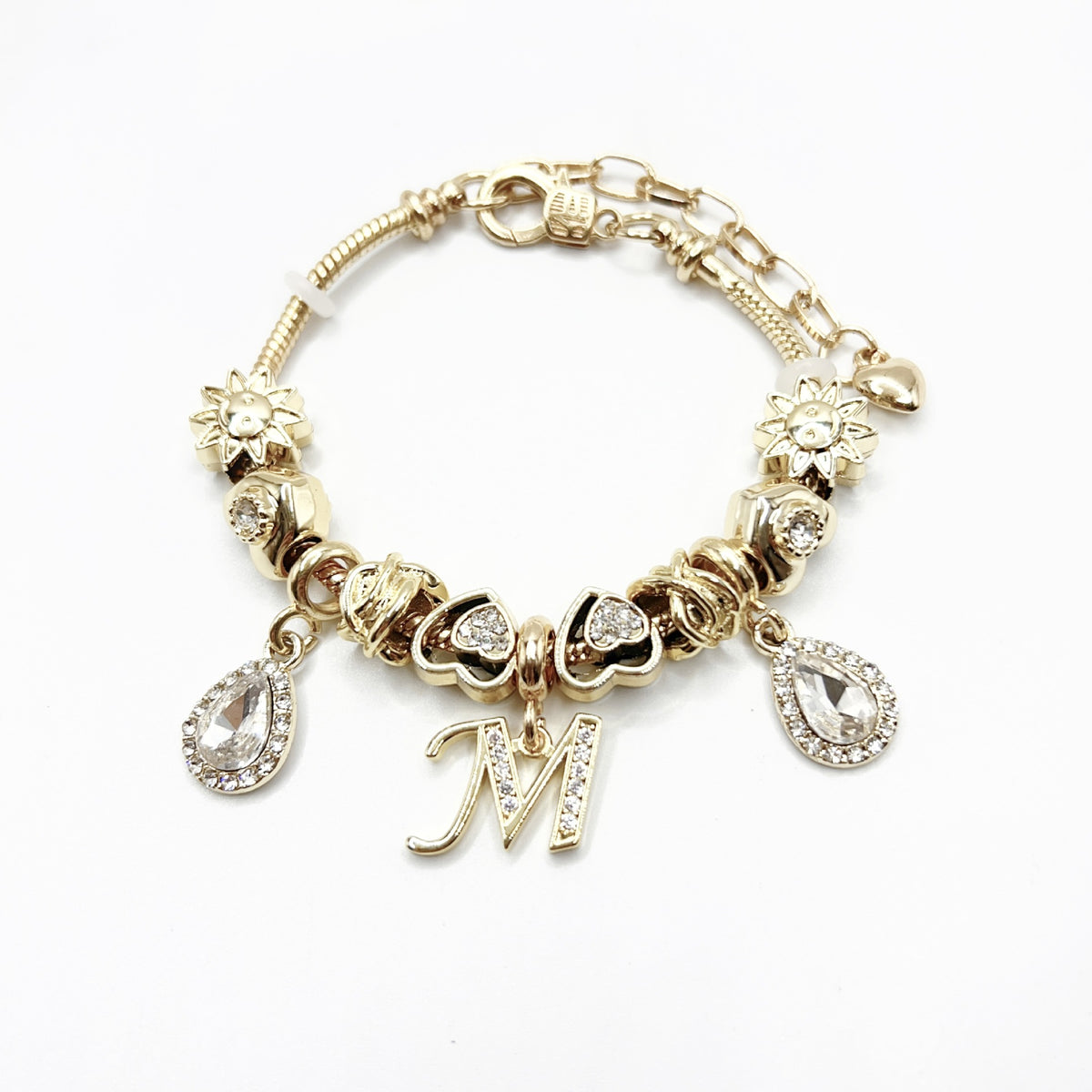 Gold Initial Letter Charm Bracelet with Sun & Crystal Accents