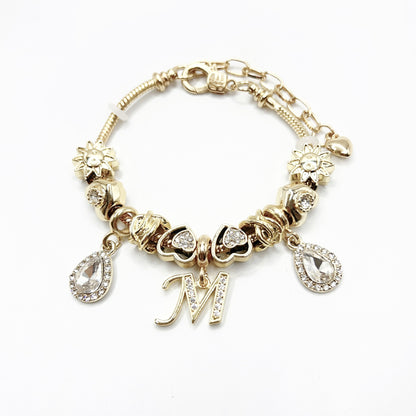 Gold Initial Letter Charm Bracelet with Sun & Crystal Accents