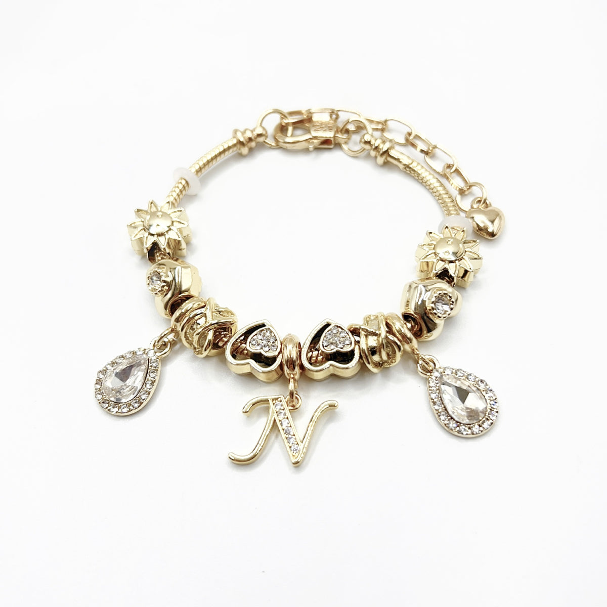 Gold Initial Letter Charm Bracelet with Sun & Crystal Accents