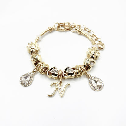 Gold Initial Letter Charm Bracelet with Sun & Crystal Accents