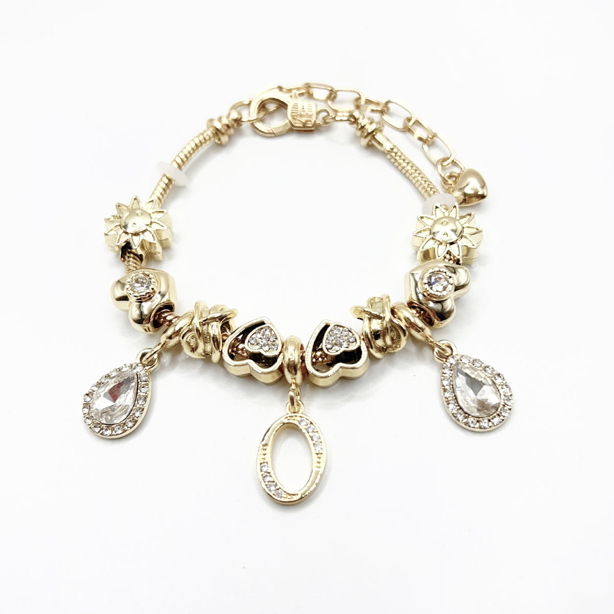 Gold Initial Letter Charm Bracelet with Sun & Crystal Accents