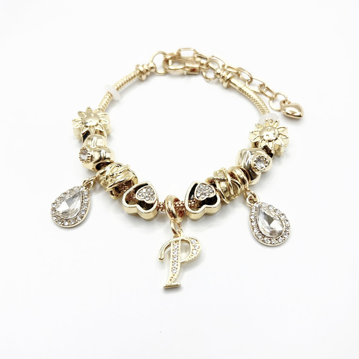 Gold Initial Letter Charm Bracelet with Sun & Crystal Accents
