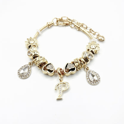 Gold Initial Letter Charm Bracelet with Sun & Crystal Accents