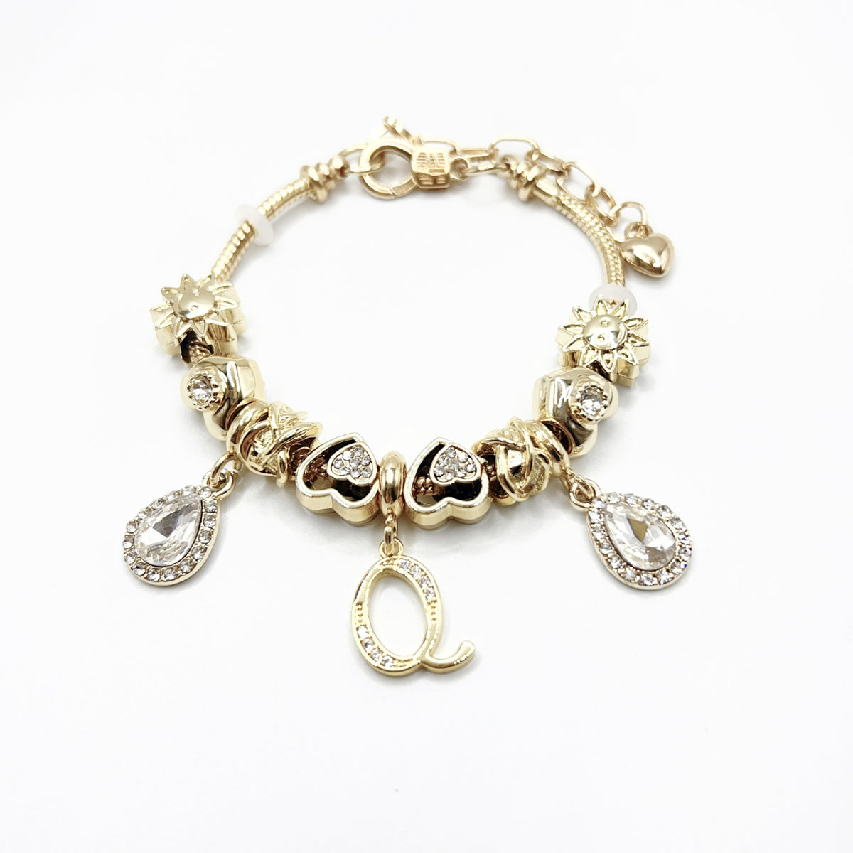 Gold Initial Letter Charm Bracelet with Sun & Crystal Accents