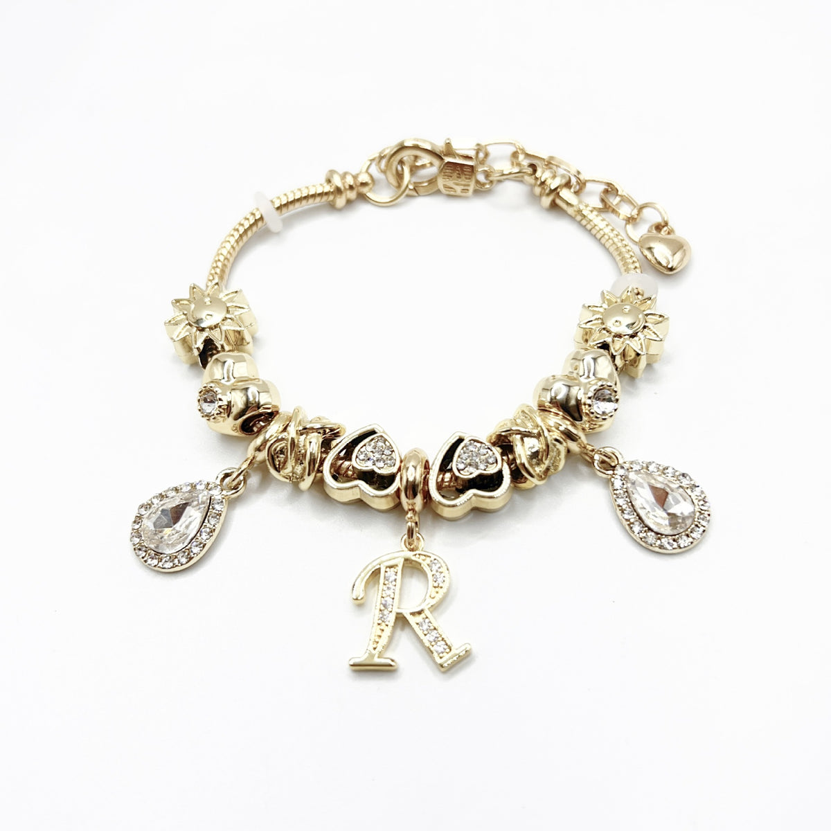 Gold Initial Letter Charm Bracelet with Sun & Crystal Accents