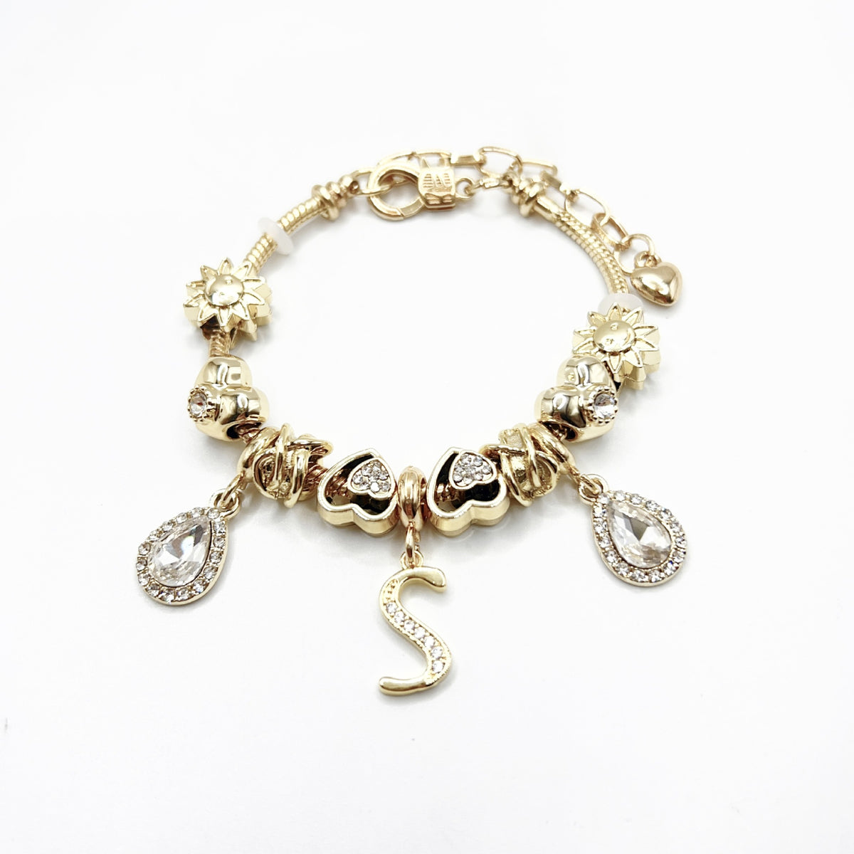 Gold Initial Letter Charm Bracelet with Sun & Crystal Accents