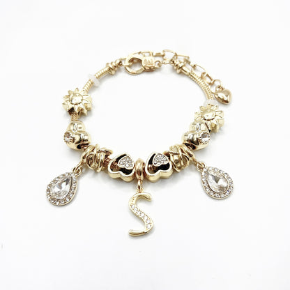 Gold Initial Letter Charm Bracelet with Sun & Crystal Accents
